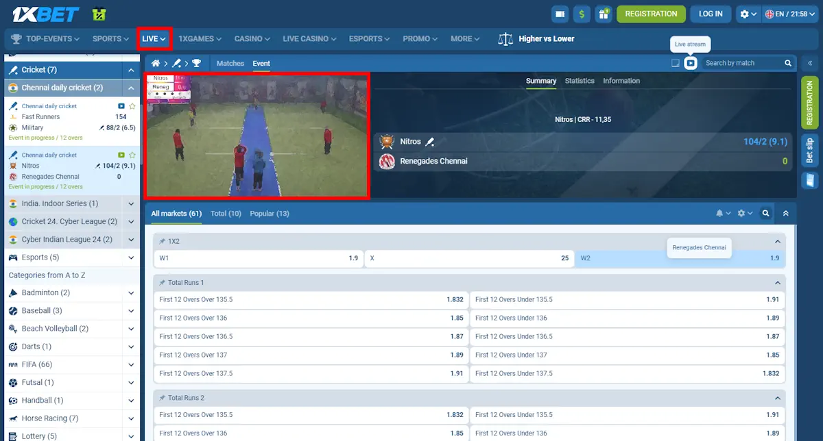 1xBet Cricket Live Betting and Live Streaming Screenshot